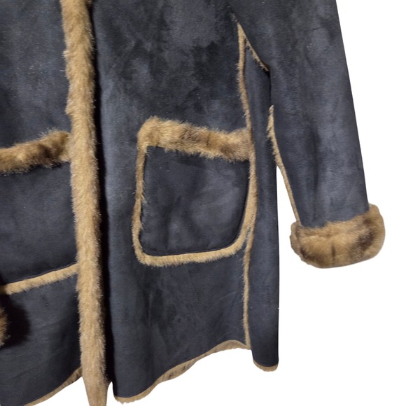 Dennis Basso‎ Pennylane Hooded Faux Suede Coat M Black Brown Faux Fur Trim Boho - Picture 4 of 7